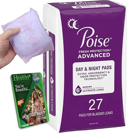 Poise 27 Day & Night Pads for Bladder Leaks - 6 Plus Drops - Ultimate 14 in. Long - Incontinence