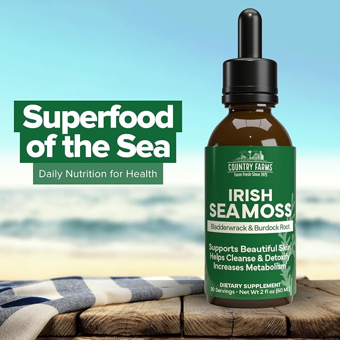 Country Farms Irish Sea Moss Liquid, Supports Beautiful Skin, Cleans and Detoxify, Immune Support, Promotes Healthy Gut, Promotes Natural Energy Levels, Burdock, Irish Moss and Bladderwrack, 2 Fl Oz