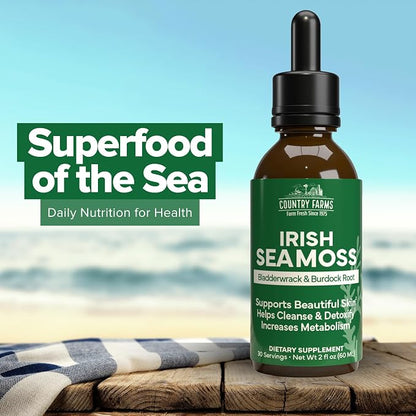 Country Farms Irish Sea Moss Liquid, Supports Beautiful Skin, Cleans and Detoxify, Immune Support, Promotes Healthy Gut, Promotes Natural Energy Levels, Burdock, Irish Moss and Bladderwrack, 2 Fl Oz