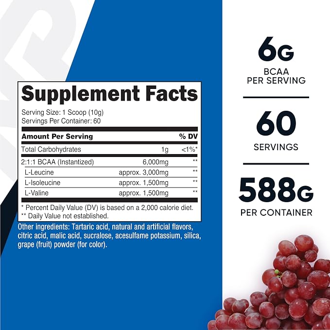 Nutricost BCAA Powder (Grape) 60 Servings, Optimal 2:1:1 Ratio, Gluten Free
