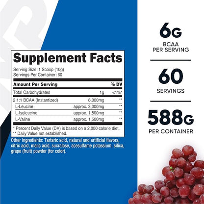 Nutricost BCAA Powder (Grape) 60 Servings, Optimal 2:1:1 Ratio, Gluten Free