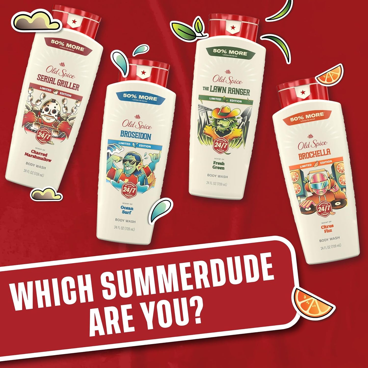 Old Spice Body Wash for Men, Summerdudes, 24/7 Shower Fresh with Daily Use, Long Lasting Scent, Cleanse & Refresh Skin, VIP Festival Experience, Broseidon with Ocean Surf Scent, 24 oz