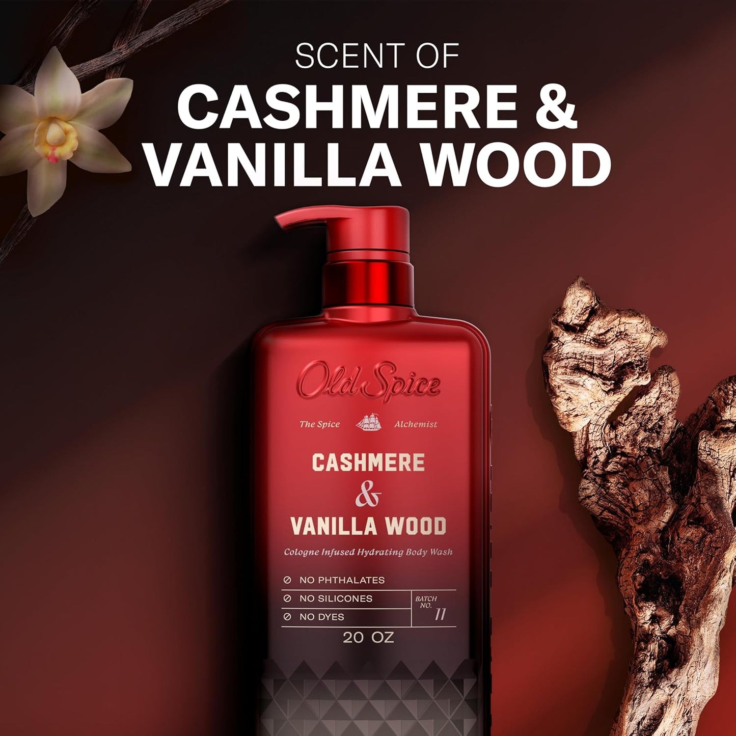 Old Spice Body Wash for Men, The Spice Alchemist Collection, 24/7 Cologne Infused Hydration, No Trade Off Formula, Free of Phthalates Silicones & Dyes, Cashmere + Vanilla Wood Scent, 20 oz
