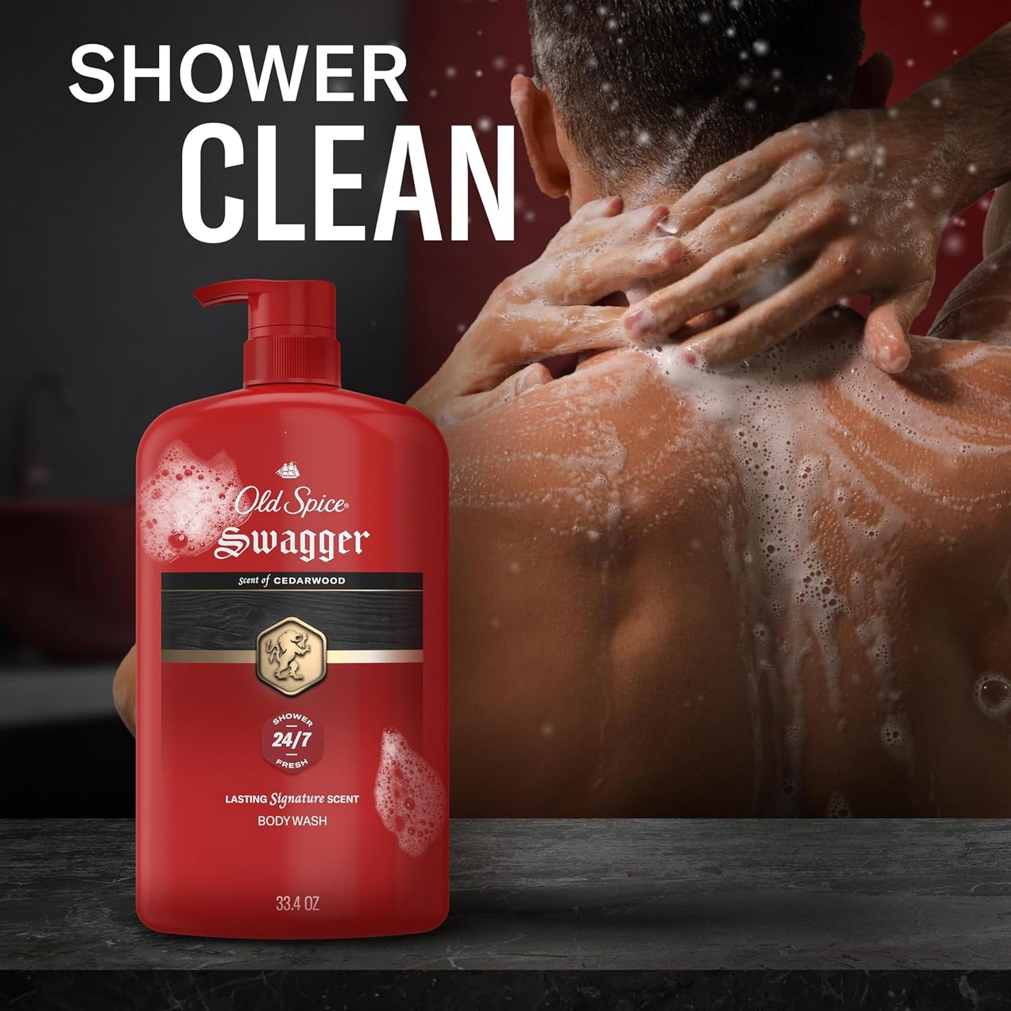 Old Spice Body Wash for Men, 24/7 Shower Fresh with Long Lasting Scent, Refreshing 3X Defense, Red Collection, Swagger with Cedarwood Scent, 33.4 oz (Pack of 4)