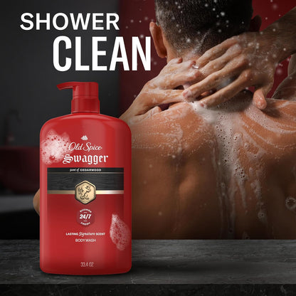 Old Spice Body Wash for Men, 24/7 Shower Fresh with Long Lasting Scent, Refreshing 3X Defense, Red Collection, Swagger with Cedarwood Scent, 33.4 oz (Pack of 4)