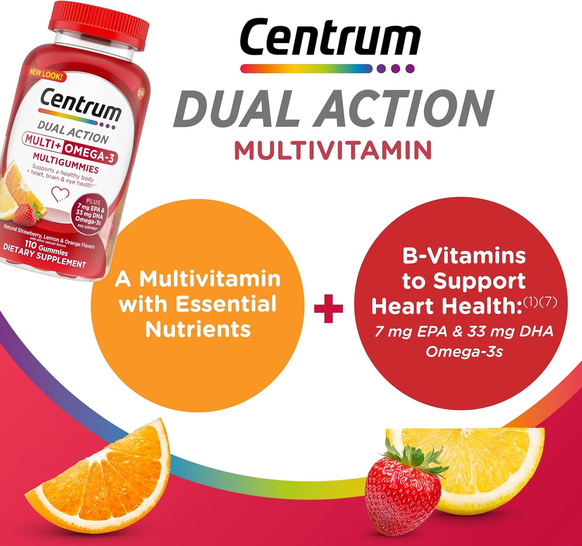 Centrum MultiGummies Multi+ Omega 3, Assorted Fruit Flavors, 110 Count