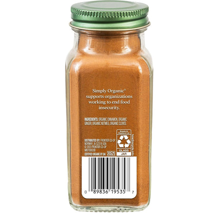 Simply Organic Pumpkin Spice, 1.94-Ounce Jar, Organic Nutmeg, Cloves, Ginger & Cinnamon, Enhances Tea, Seasoning, Kosher (Pack of 2)