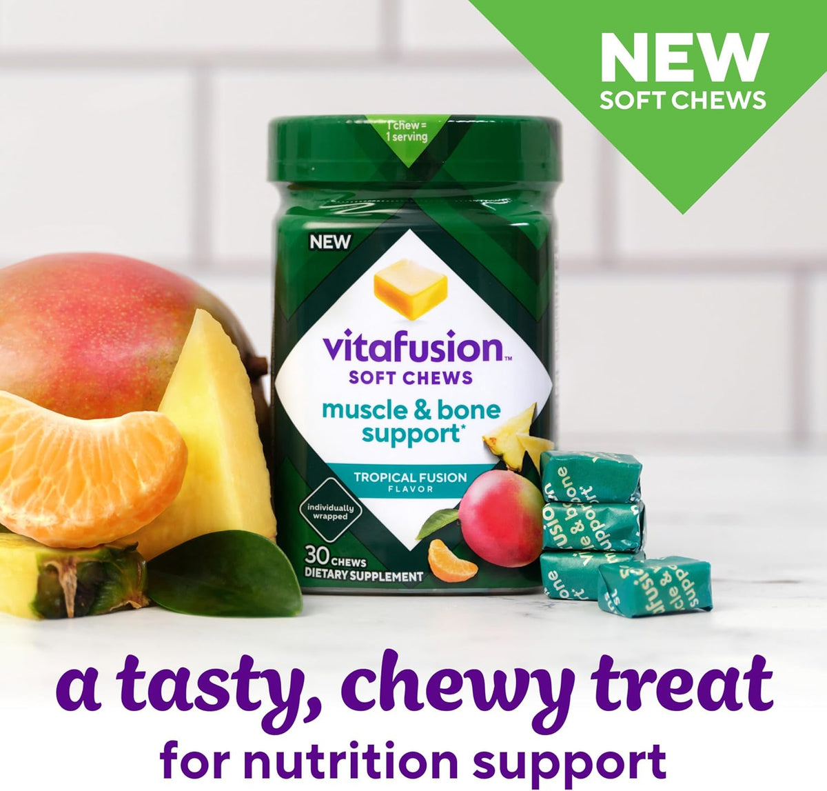 Vitafusion Soft Chews Muscle & Bone Support (1), Adult Chewable Vitamin D for Bone & Muscle Support, Individually Wrapped, Tropical Fusion Flavor, 30 Chews, 30 Day Supply