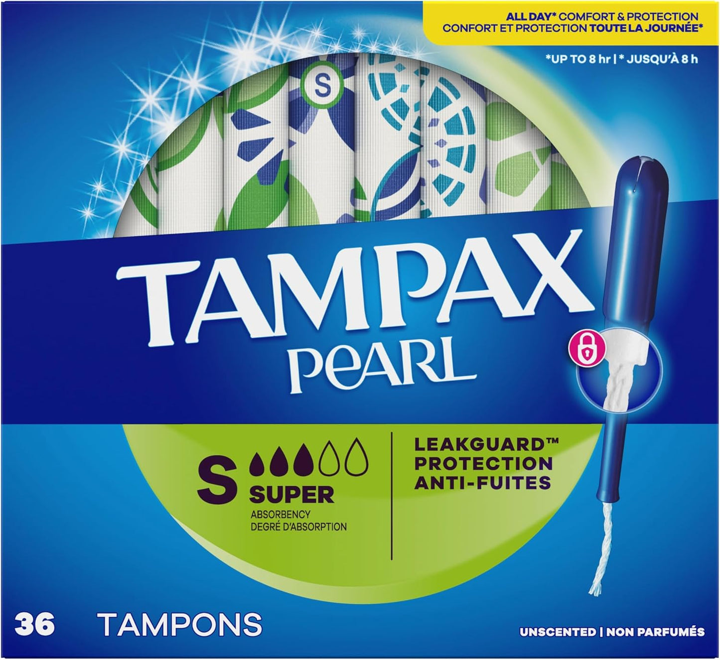 Tampax Pearl Tampons for Women, with LeakGuard Braid, Super Absorbency, Unscented, 36 Count