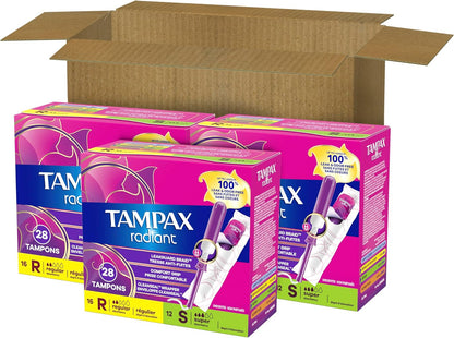 Tampax Radiant Tampons for Women Multipack, with LeakGuard Braid, Regular/Super Absorbency, Unscented, 84 Count (3 Packs of 28), Packaging May Vary