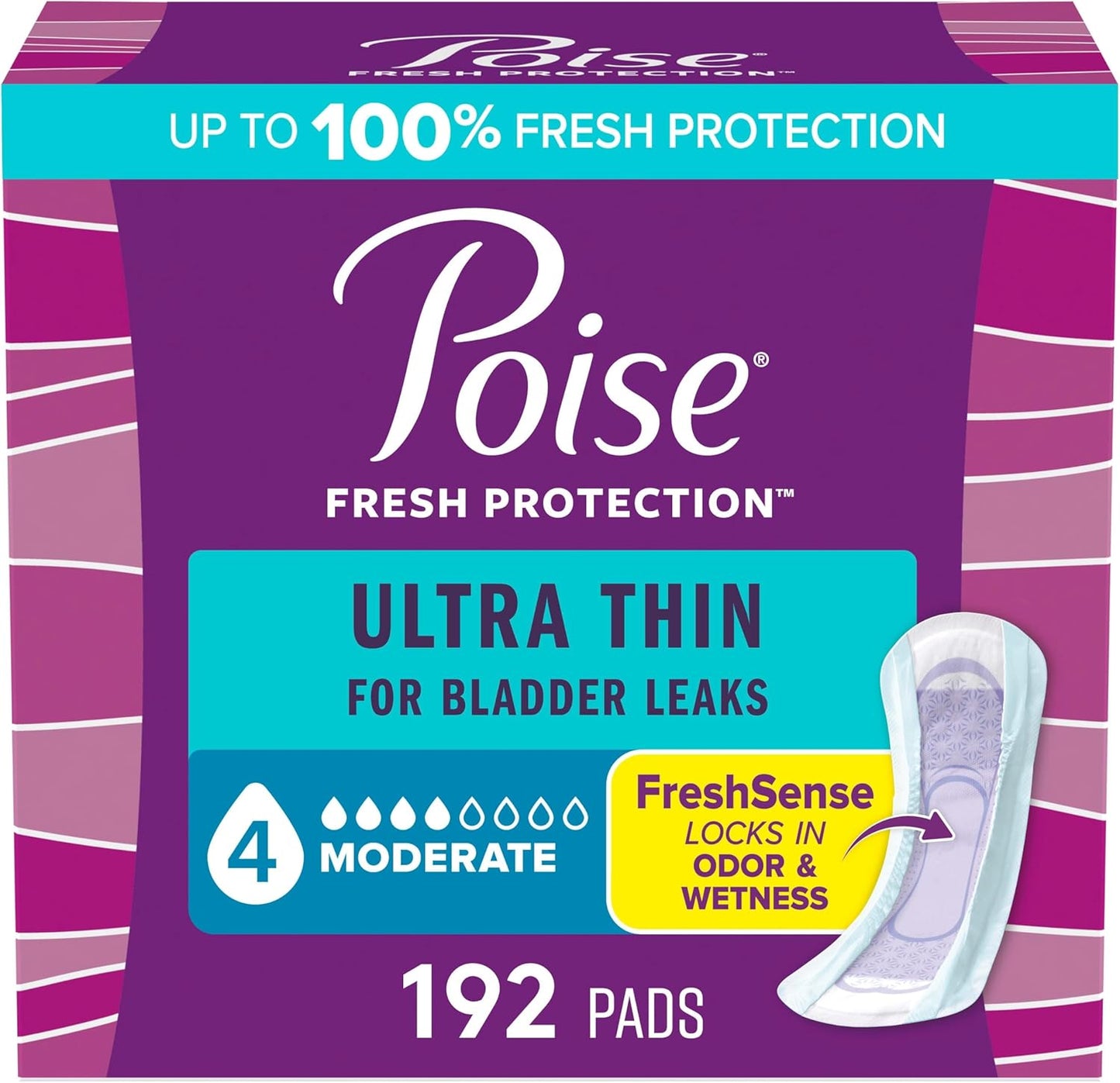 Poise Ultra Thin Incontinence Pads & Postpartum Pads for Bladder Leaks, 4 Drop Moderate Absorbency, Regular Length, 192 Count (4 Packs of 48), Packaging May Vary