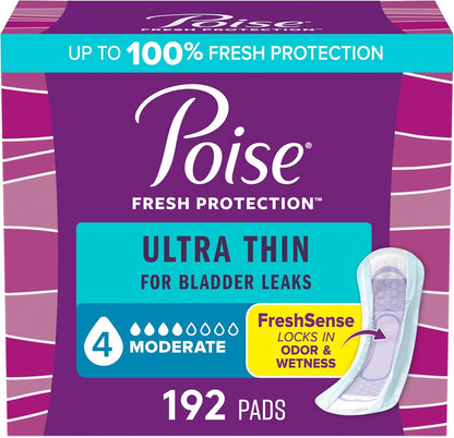 Poise Ultra Thin Incontinence Pads & Postpartum Pads for Bladder Leaks, 4 Drop Moderate Absorbency, Regular Length, 192 Count (4 Packs of 48), Packaging May Vary