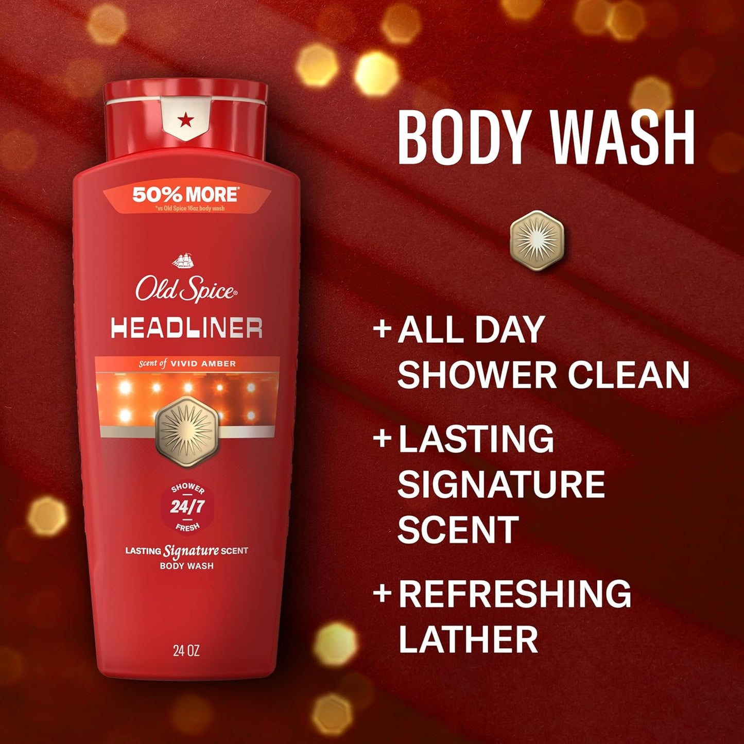 Old Spice Body Wash for Men, 24/7 Shower Fresh & Clean with Daily Use, Lasting Signature Scent, Refreshing Lather, Moisturizing Formula, Headliner with Black Currant, Leather, & Amber Scent, 24 oz
