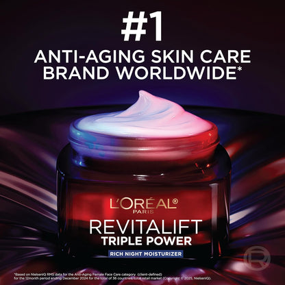 L'Oreal Paris Revitalift Triple Power Rich Night Cream, Anti Aging Moisturizer With Glycolic Acid, Vitamin C & Hyaluronic Acid, Visibly Smooths Texture, Reduces Fine Lines & Evens Skin Tone, 2.55 oz