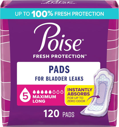 Poise Incontinence Pads & Postpartum Incontinence Pads, 5 Drop Maximum Absorbency, Long Length, 120 Count (2 Packs of 60), Packaging May Vary