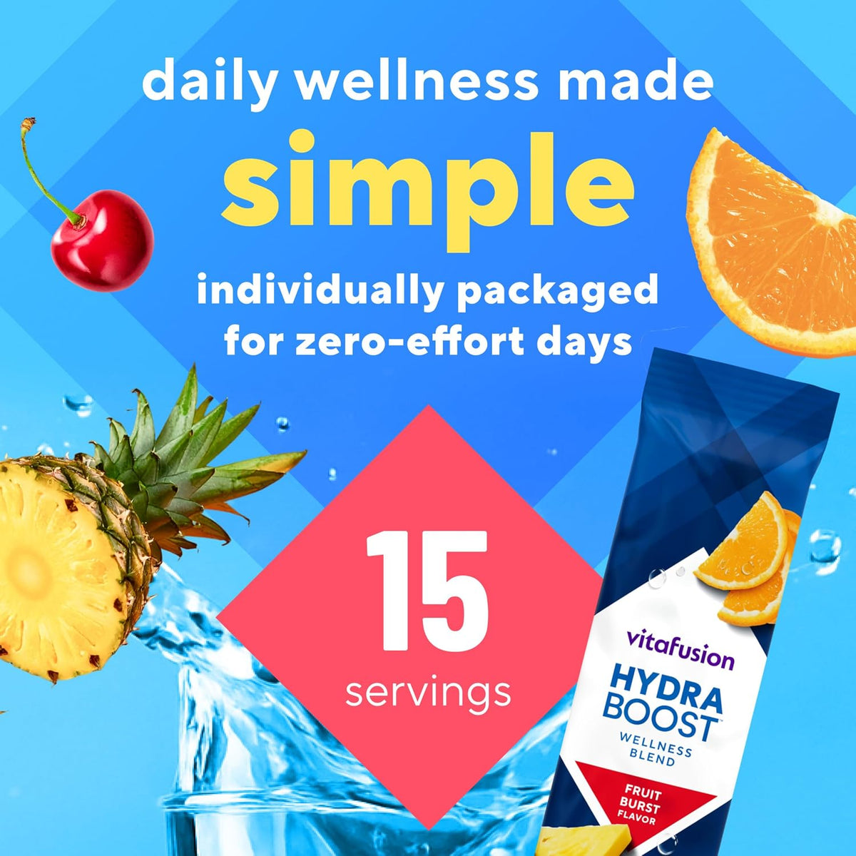 Vitafusion Hydraboost Drink Powder Packets, Electrolytes Support Daily Hydration, Vitamins Support Cellular Energy & Immune Health, Prebiotic Fiber Supports Gut Health, Fruit Burst, 15 Sticks