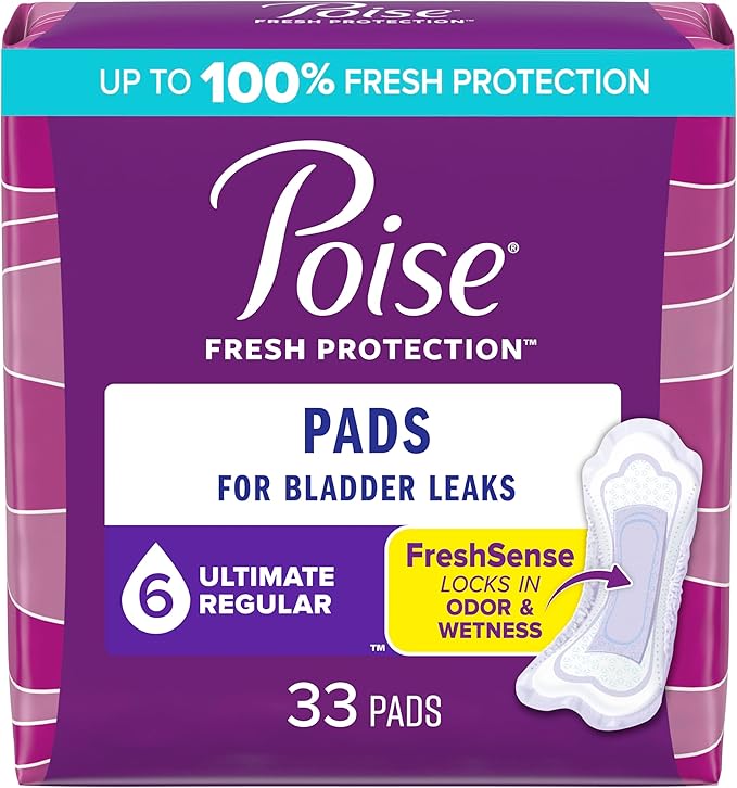 Poise Incontinence Pads & Postpartum Incontinence Pads, 6 Drop Ultimate Absorbency, Regular Length, 33 Count, Packaging May Vary