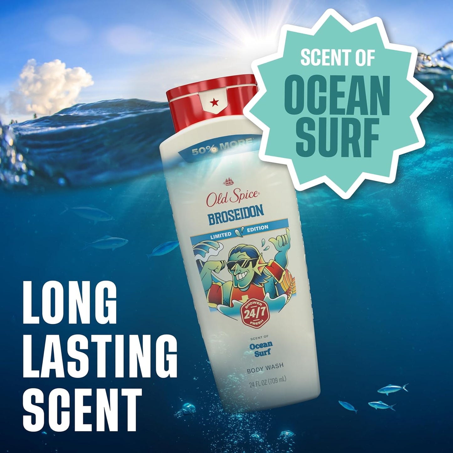 Old Spice Body Wash for Men, Summerdudes, 24/7 Shower Fresh with Daily Use, Long Lasting Scent, Cleanse & Refresh Skin, VIP Festival Experience, Broseidon with Ocean Surf Scent, 24 oz