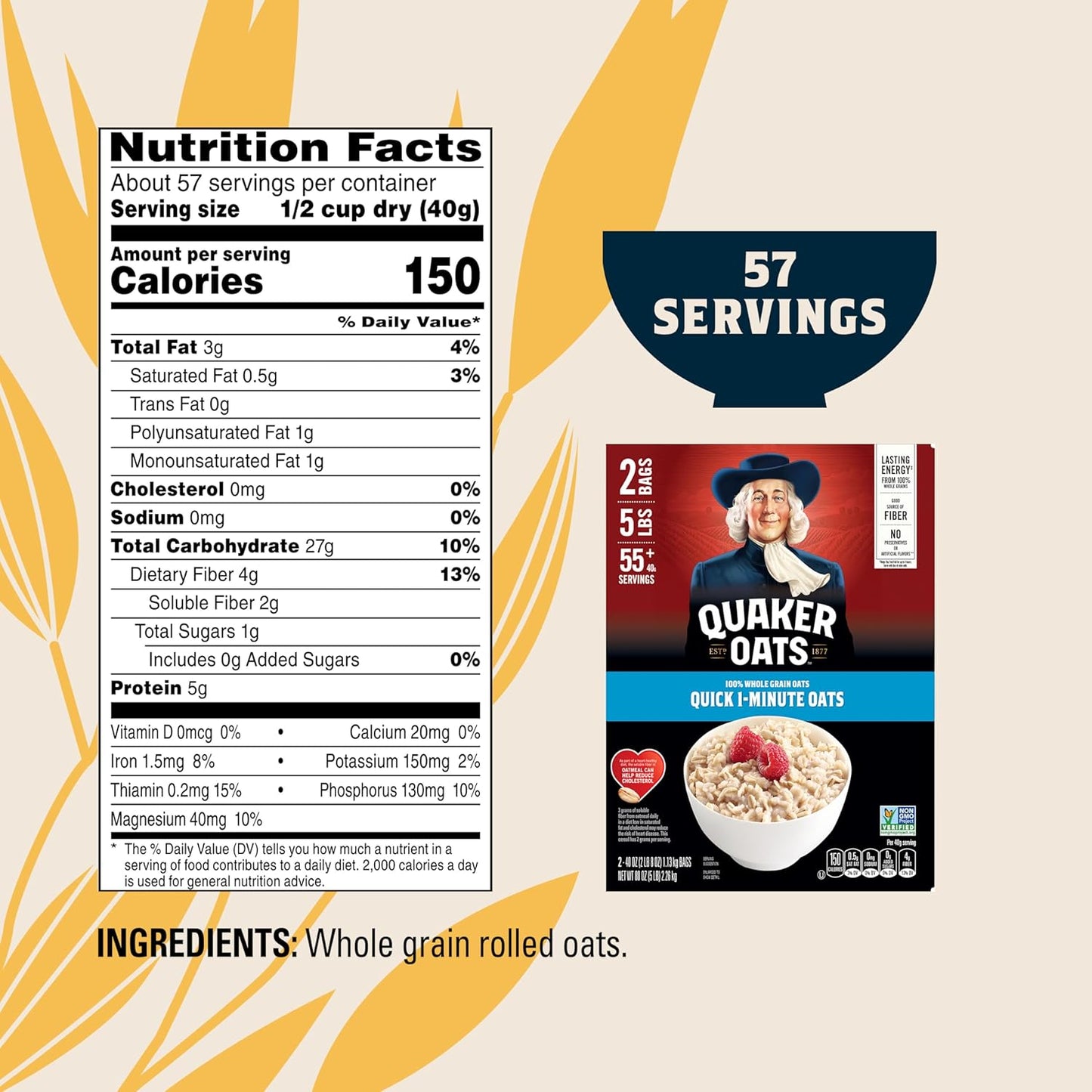 Quaker Quick 1-Minute Oatmeal,Non GMO Project Verified,2.5 Pound,(Pack of 4)