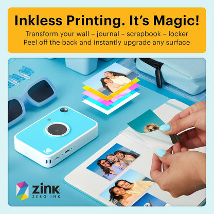 KODAK Printomatic+ Instant Print Digital Camera (Blue) 10MP Portable Camera with Interactive RGB LED Status Indicator, Prints Full-Color Photos on Zink 2x3” Sticky-Backed Photo Paper - Easy & Fun
