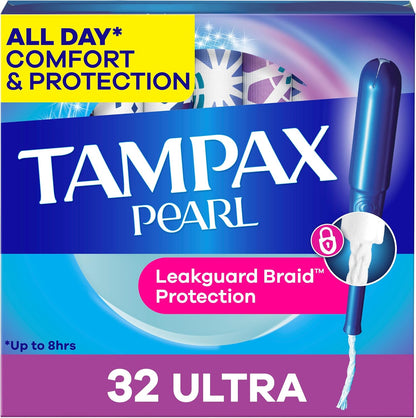 Tampax Pearl Tampons Ultra Absorbency with Leakguard Braid, Unscented, 32Count