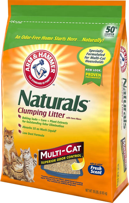 ARM & HAMMER Naturals Clumping Cat, Litter Odor Control, Multi Cat Litter, 18 lb. Bag (Pack of 2)