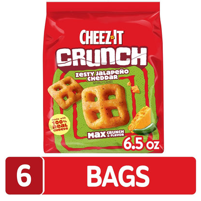 Cheez-It Crunch Cheesy Baked Snacks, Lunch Snacks, Zesty Jalapeno Cheddar (6 Bags)