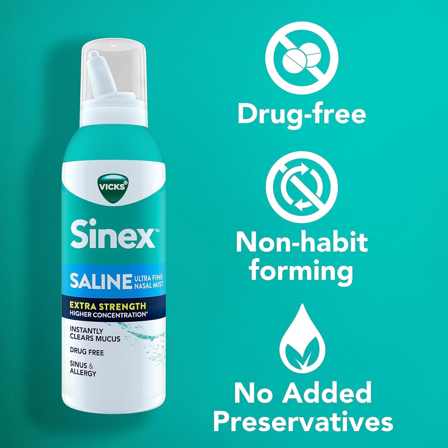 VICKS Sinex Saline Extra Strength Nasal Spray, 3X Concentrated* Drug Free Ultra Fine Mist, Instantly Clears Mucus, Ultra Concentrated to Clear Congestion Fast, Safe For Daily Use, 5 OZ x 2