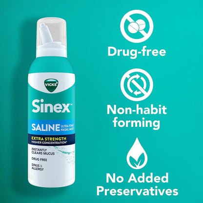 VICKS Sinex Saline Extra Strength Nasal Spray, 3X Concentrated* Drug Free Ultra Fine Mist, Instantly Clears Mucus, Ultra Concentrated to Clear Congestion Fast, Safe For Daily Use, 5 OZ x 2