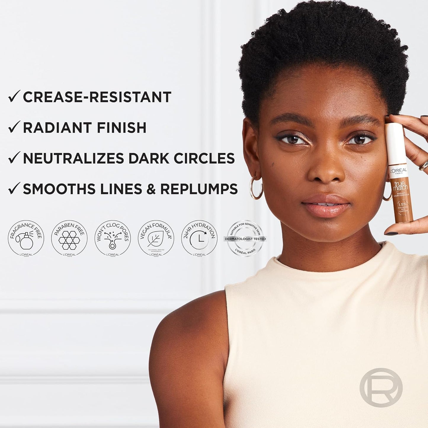 L'Oreal Paris True Match Radiant Serum Concealer, Brightening Under Eye Concealer Make Up with 1.5% Hyaluronic Acid and Caffeine, W3, 0.33 Oz