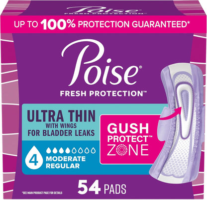 Poise Ultra Thin Incontinence & Postpartum Pads with Wings for Bladder Leaks, 4 Drop Moderate Absorbency, Regular Length, 54 Count (Packaging May Vary)