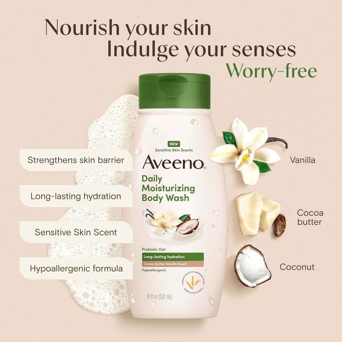 Aveeno Daily Moisturizing Body Wash, Cocoa Butter Vanilla, 18 fl. oz