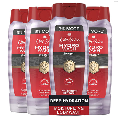 Old Spice Moisturizing Body Wash for Men, Hydro Wash, 2-in-1 Long Lasting Scent & Deep Hydration, 24/7 Shower Fresh, Swagger Scent, 21 oz (Pack of 4)