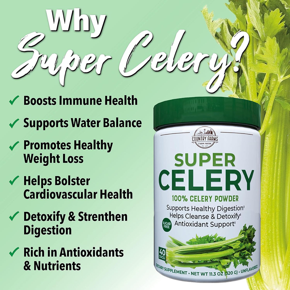Country Farms Super Celery Powder, 100% Celery Powder, Supports Healthy Digestion, Helps Cleanse & Detoxify, Antioxidant Support, 40 Servings, 11.3 Ounce (Pack of 1)