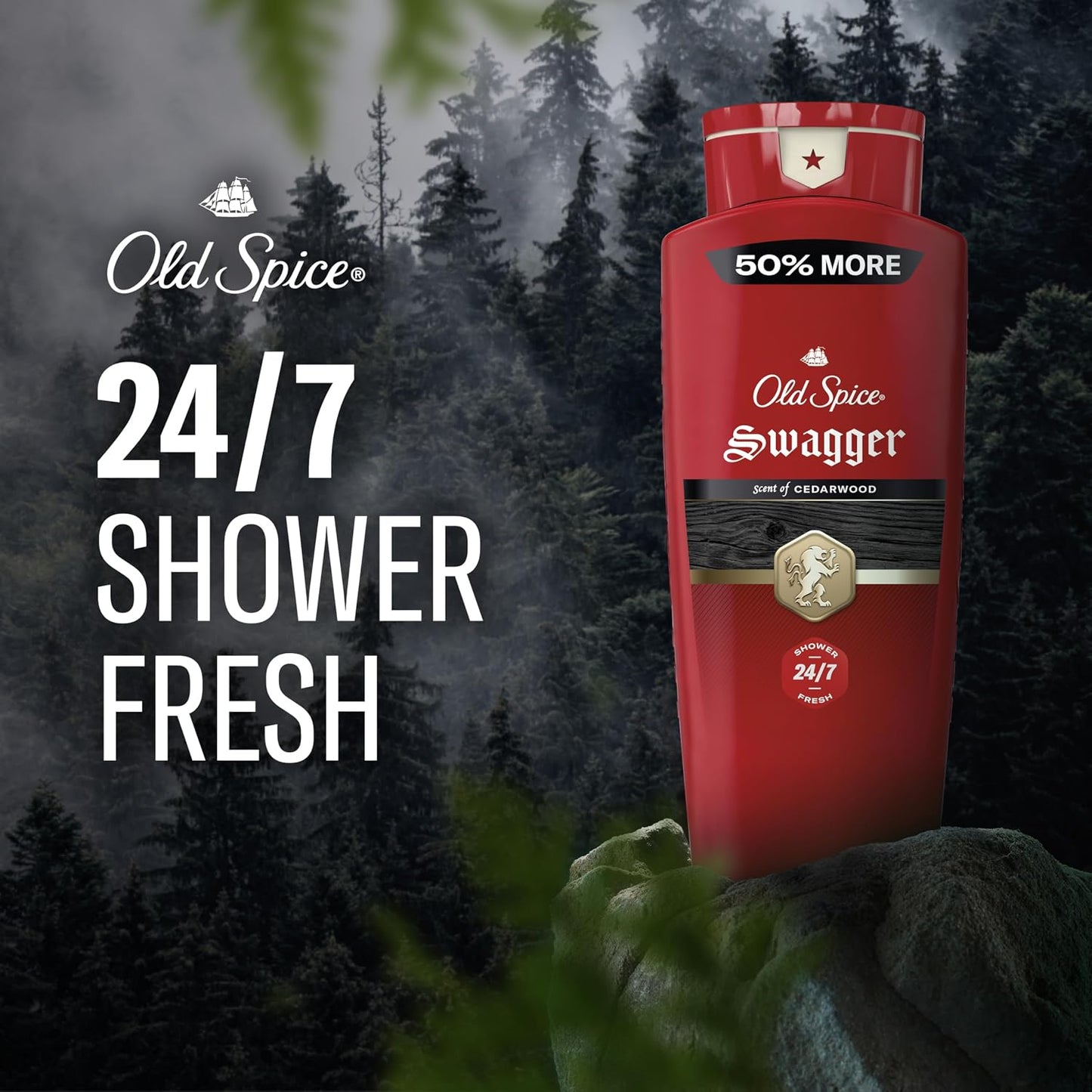 Old Spice Refreshing Body Wash for Men, 3X Defense, 24/7 Shower Fresh with Long Lasting Scent, Red Collection, Swagger with Cedarwood Scent, 24 oz (Pack of 2)