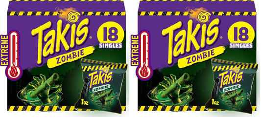 Takis Zombie 18 pc / 1 oz Multipack, Habanero & Cucumber Flavored Extreme Spicy Rolled Tortilla Chips (Pack of 2)