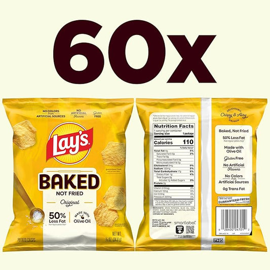 Baked Lay's Potato Chips, Original, 0.875 oz Bags, (60 Pack), 50% Less Fat, Gluten Free, No Artificial Flavors, No Colors from Sources