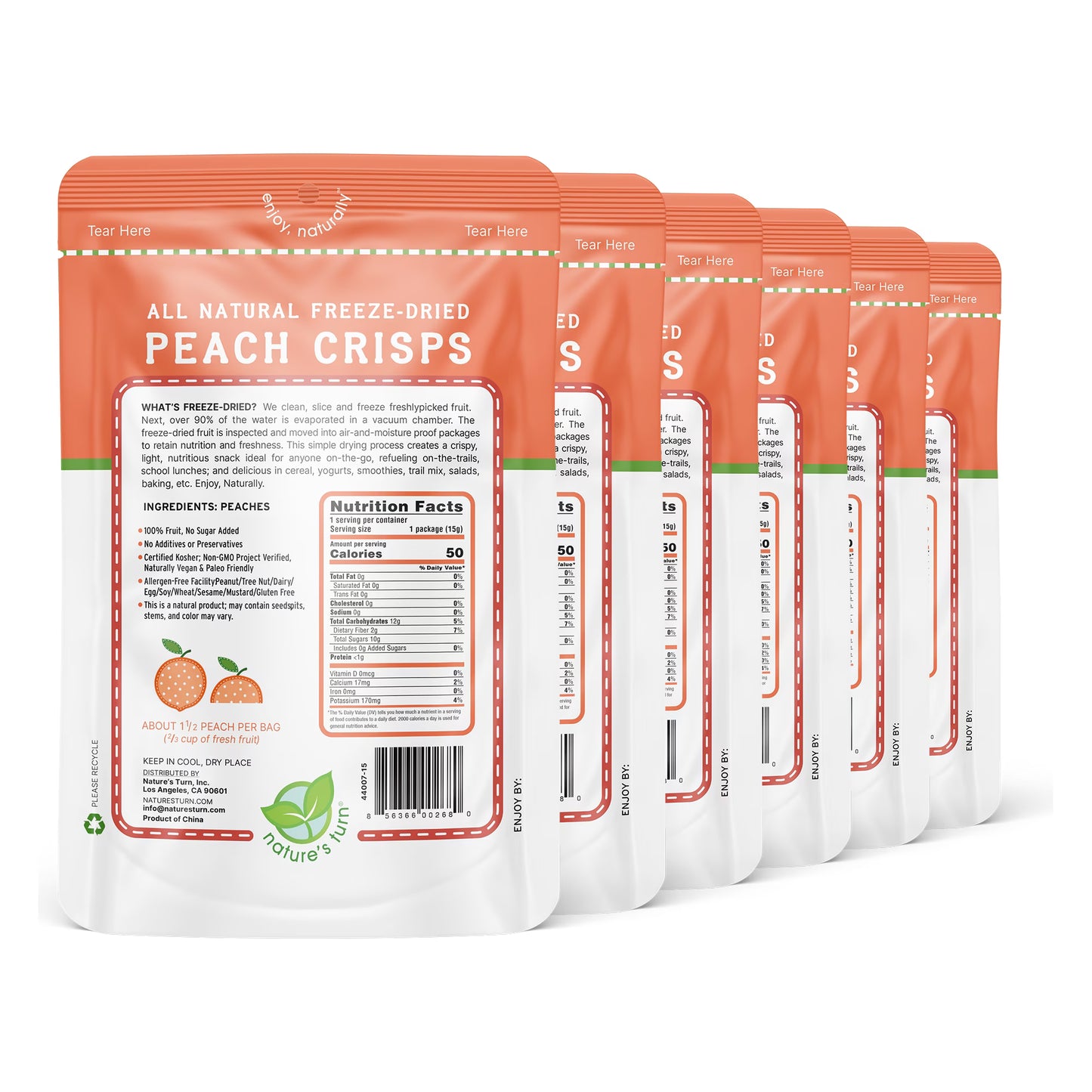 Nature’s Turn Freeze-Dried Peach Crisps, No Added Sugar, Healthy Natural Fruit Crisp Snack for School Lunches, 6 Pack (0.53 oz Each)