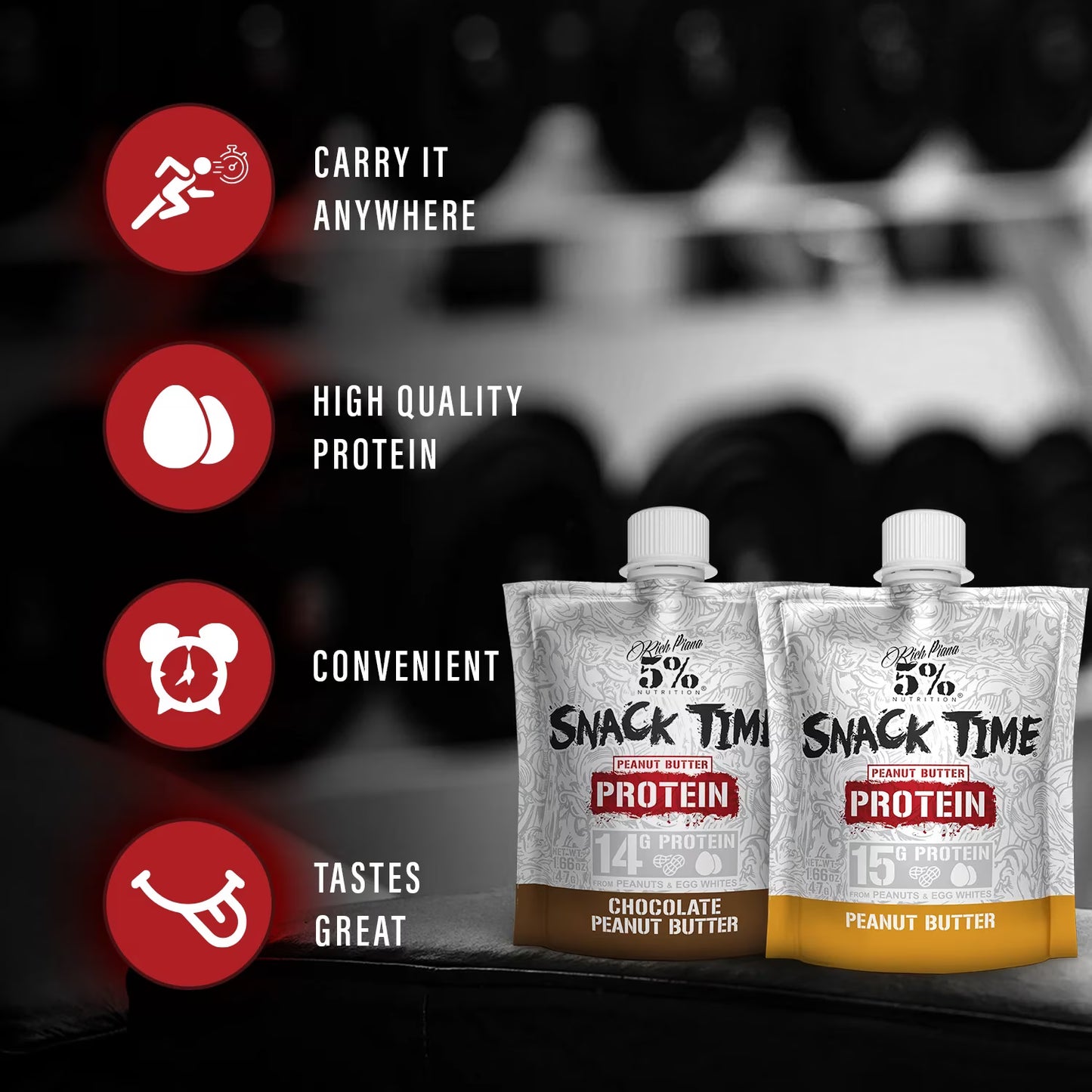5% Nutrition Rich Piana Snack Time, High Protein Squeezable Pouches, Peanut & Egg White Blend - 10Ct (Peanut Butter)