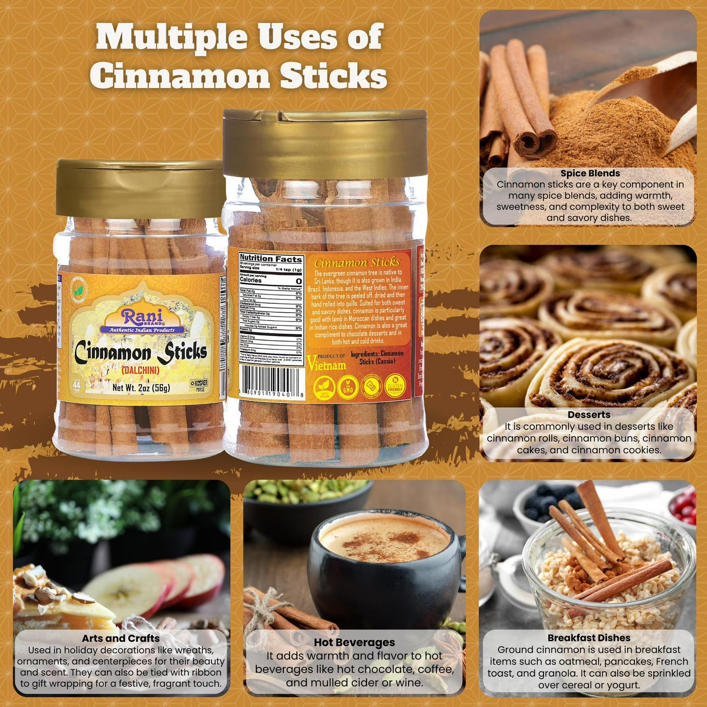 Rani Cinnamon Sticks 2oz (56g) ~ 10-13 Sticks 3 Inches in Length Cassia Round, PET Jar ~ All Natural | Vegan | No Colors | Gluten Friendly | NON-GMO | Kosher