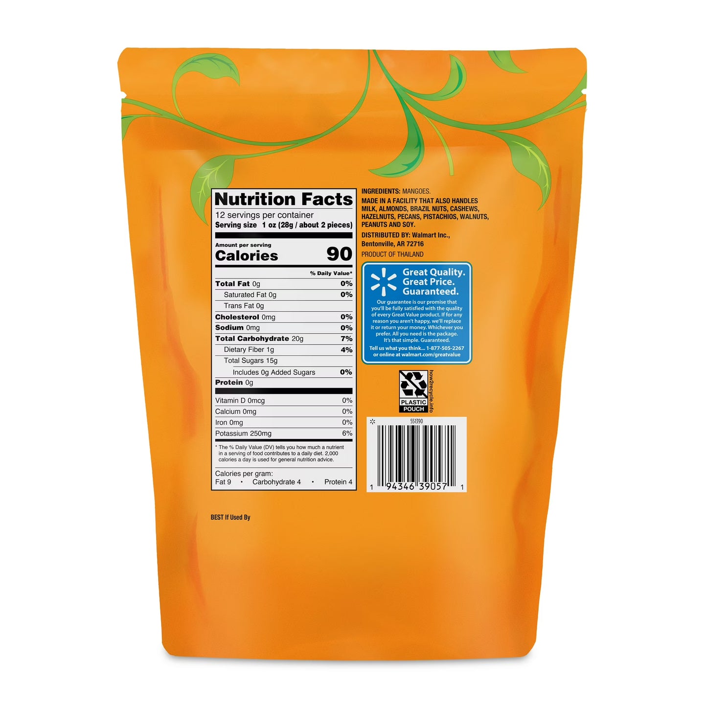 Great Value Unsweetened Dried Mango, 12 oz