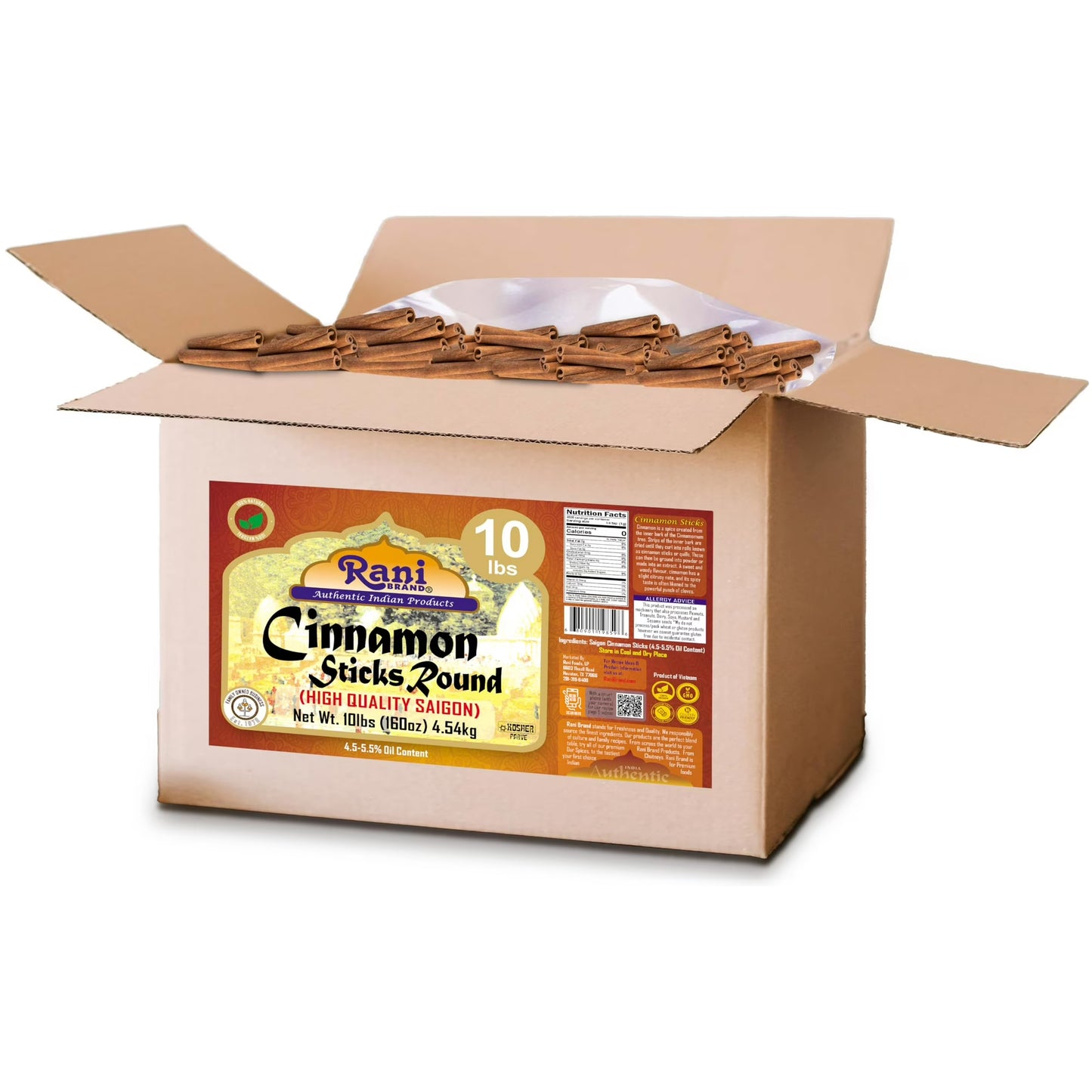 Rani Cinnamon Sticks 160oz (10lbs) 4.54kg Bulk Box - 875-1000 Sticks - Strong Aroma, Perfect for Baking, Cooking & Beverages | 3+ Inches Length - Cassia Saigon Cinnamon from Vietnam | Kosher