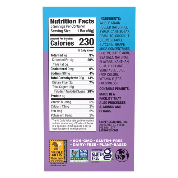 Bobo's PB&Js, Peanut Butter Oat Crust With Grape Filling, 5 Pack of 2.1oz oat snacks