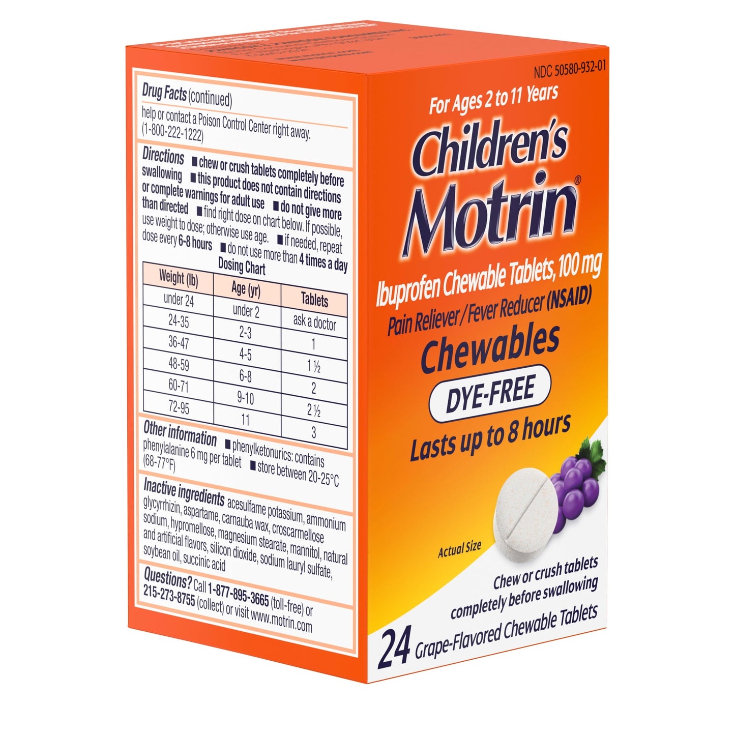 Children's Motrin Dye-Free Ibuprofen Chewable Tablets, Grape, 24 Ct