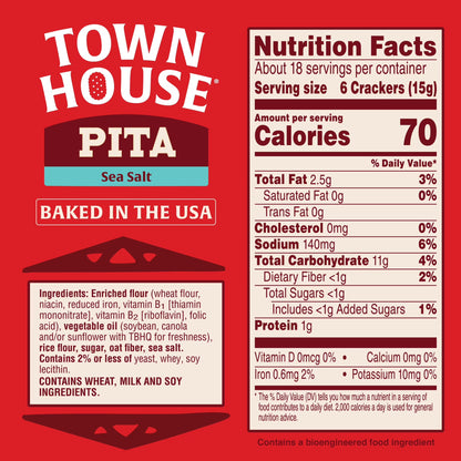 Town House Pita Sea Salt Oven Baked Crackers, Salty Snacks, 9.5 oz
