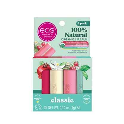 (3 pack) eos 100% Natural & Organic Lip Balm- Strawberry, Mint, Pomegranate, Vanilla, 0.14 oz, 4 Pack