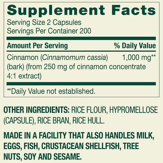 Spring Valley Cinnamon Dietary Supplement Vegetarian Capsules for Metabolism Support, 1000 mg, 400 Count