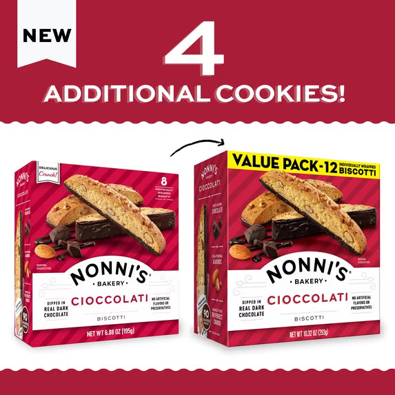 Nonni's Bakery, Cioccolati Almond Biscotti, Individually Wrapped, 10.32oz, 12ct Value Pack