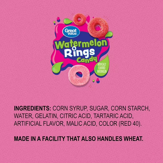 Great Value Watermelon Rings Gummy Candy, 4 oz