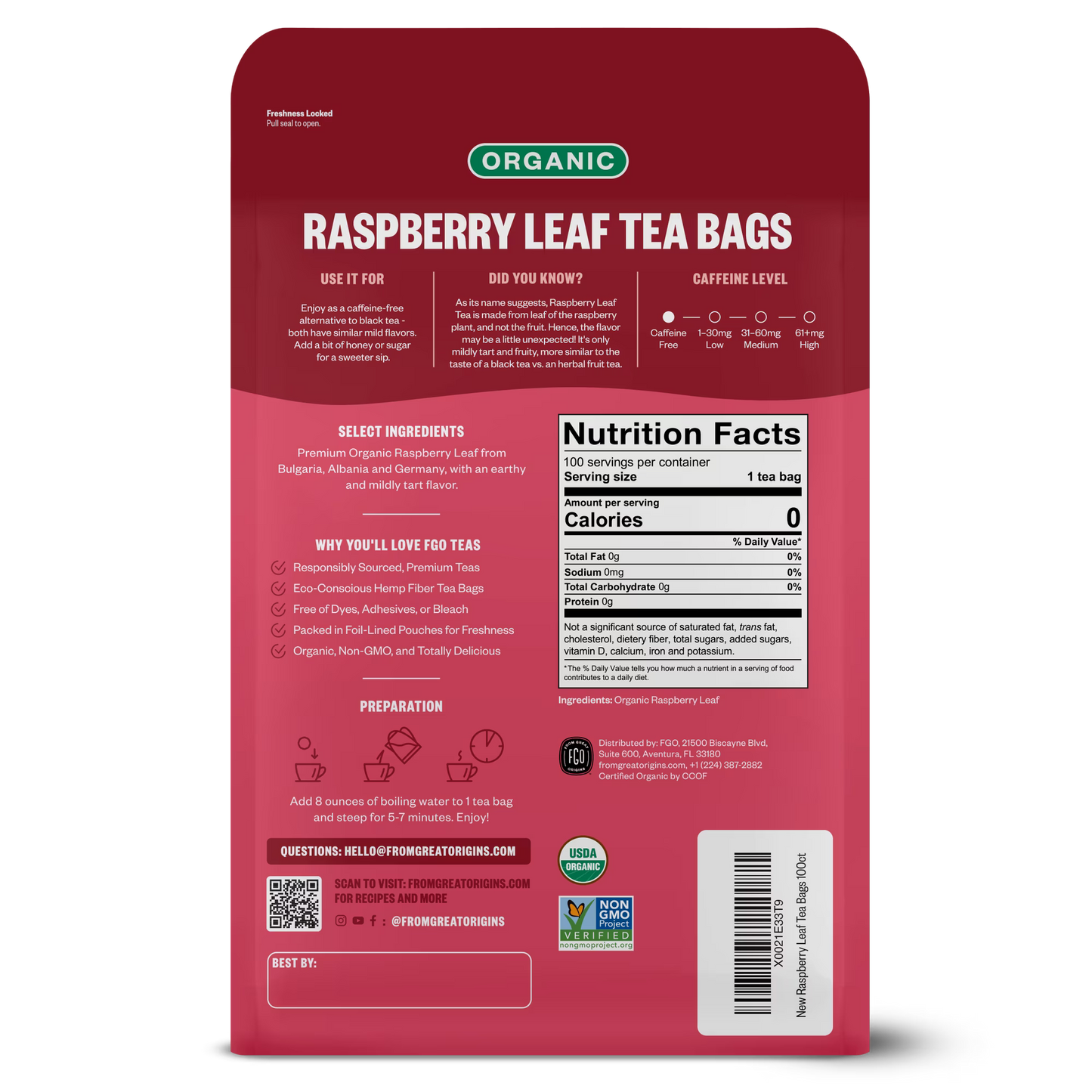 FGO Raspberry Leaf Tea, Organic, Eco-Conscious Tea Bags (100 Count)